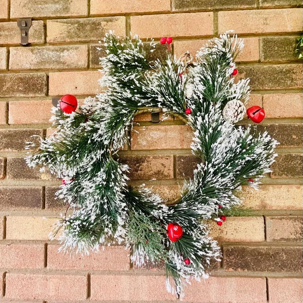Snowy Pine w/Red Bells & Berries Wreath